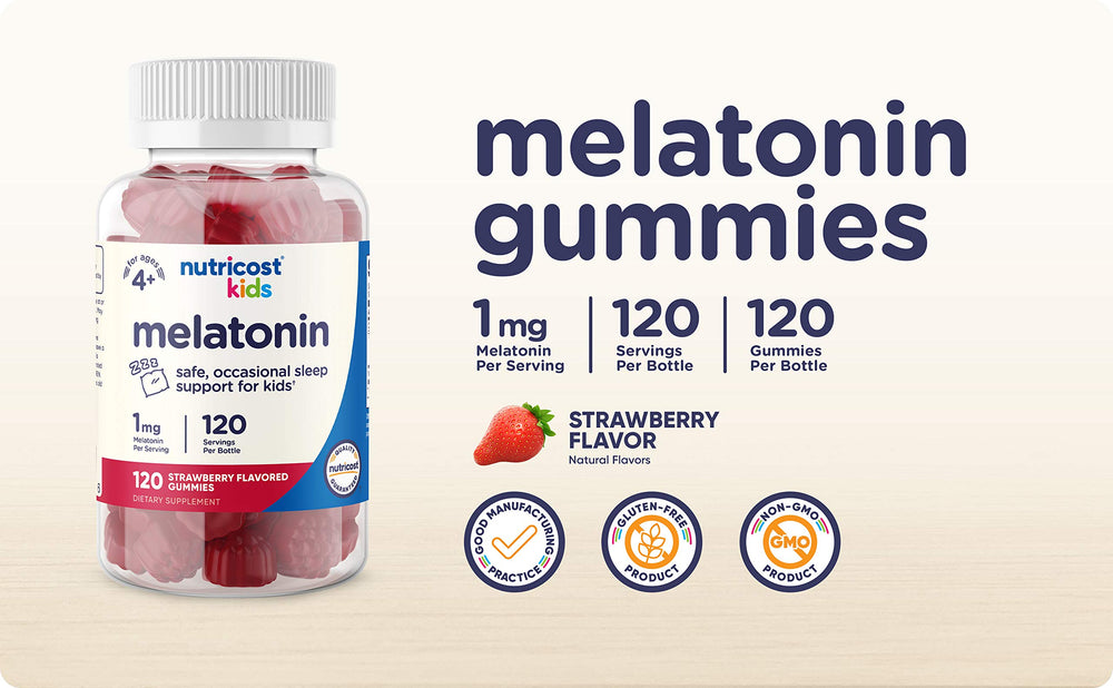 Nutricost Kids Melatonin Gummies bottle notes NSF-certified GMP-compliant FDA registration.