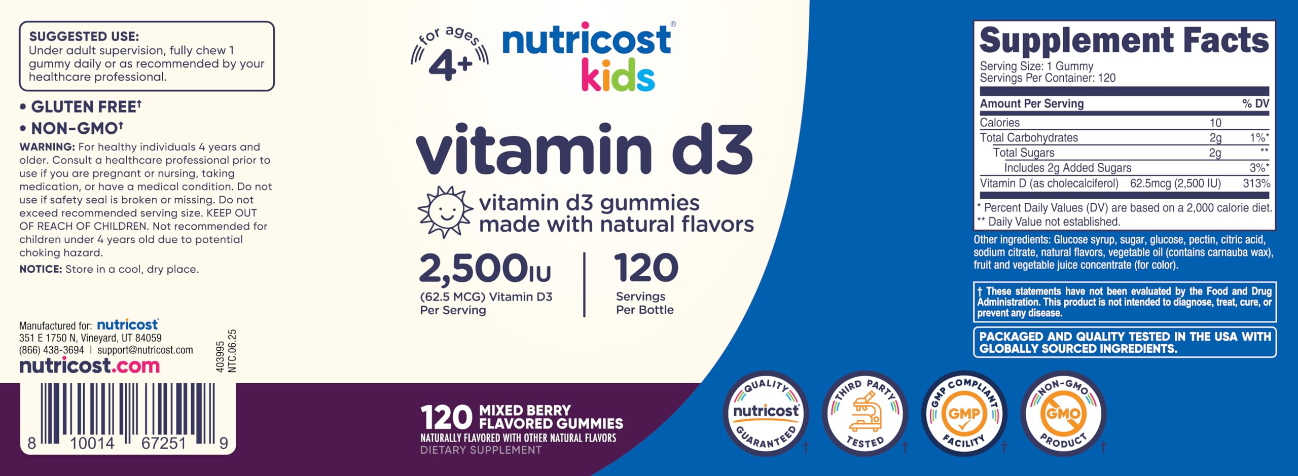 Nutricost Kids Vitamin D3 Gummies produced in a GMP-compliant facility