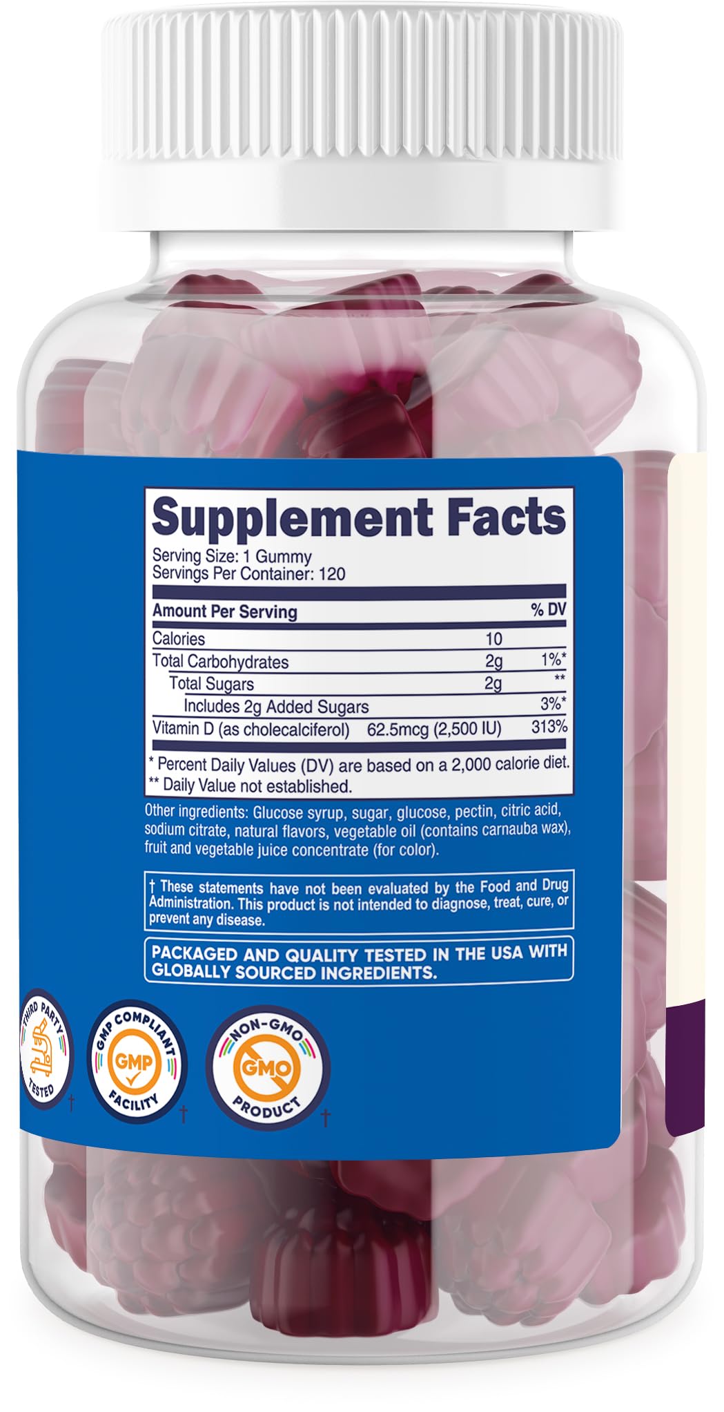 Nutrition panel on Nutricost Kids Vitamin D3 Gummies bottle showing per-gummy dose