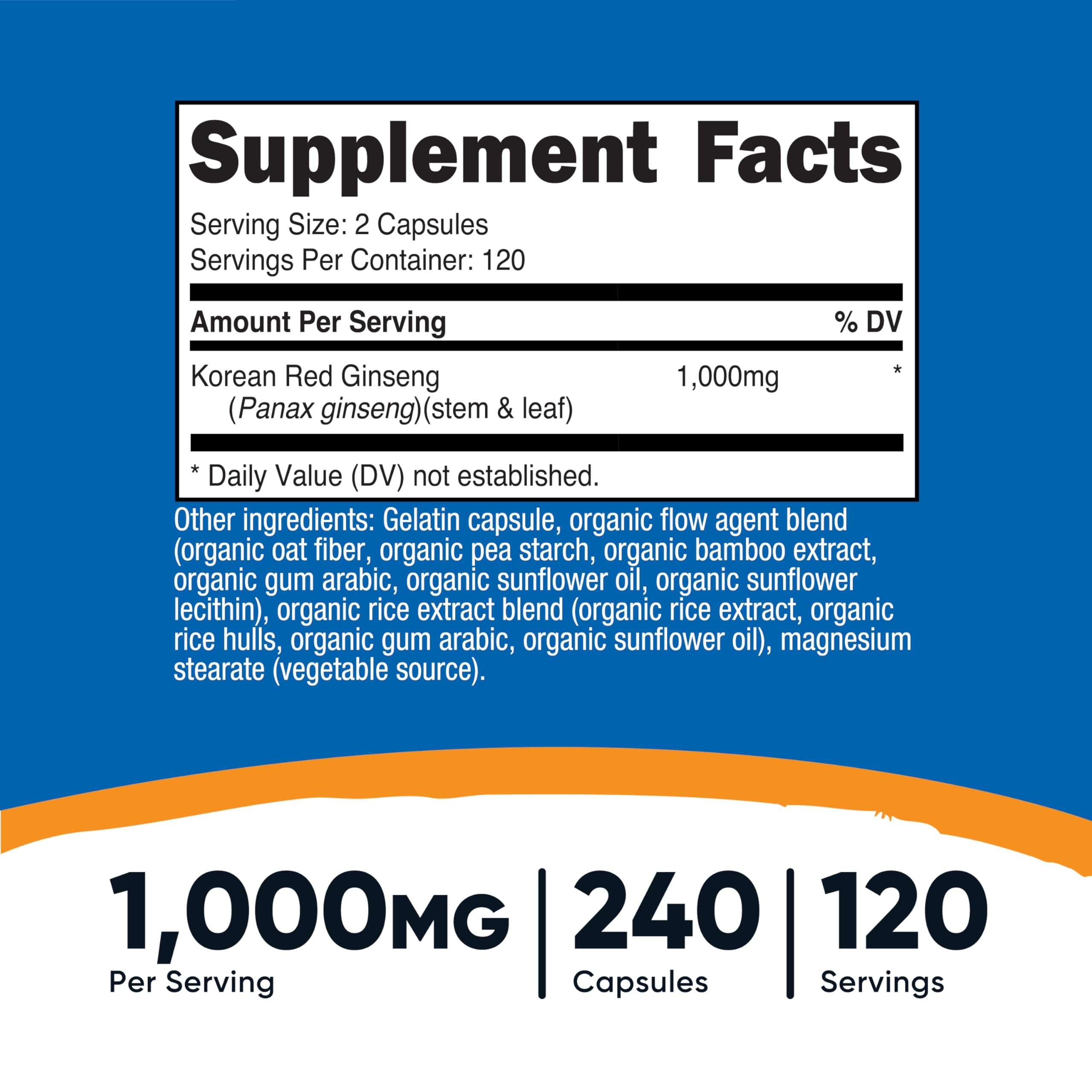 Nutricost Korean Ginseng 1000mg capsules closeup highlighting easy daily dosing