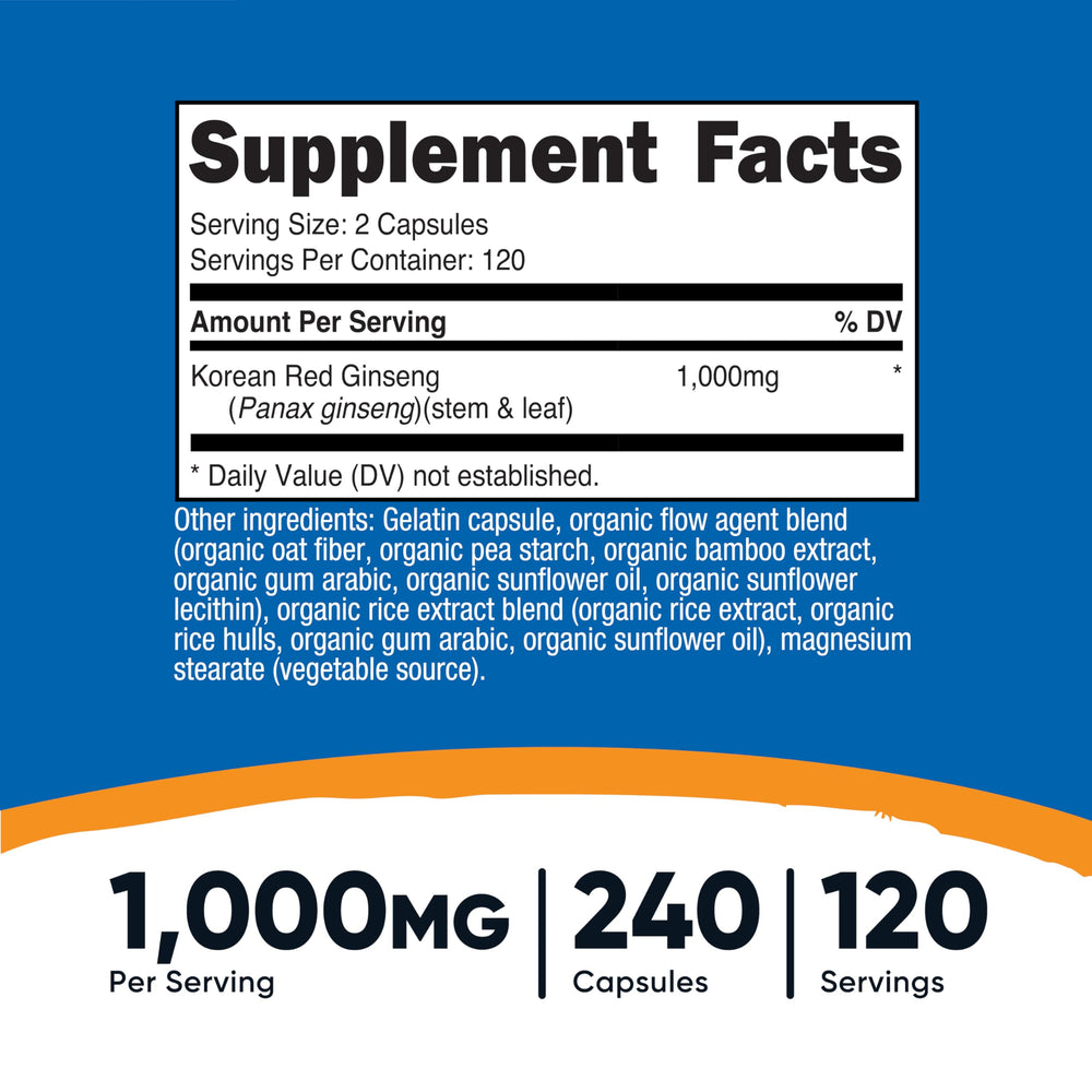 Nutricost Korean Ginseng 1000mg capsules closeup highlighting easy daily dosing