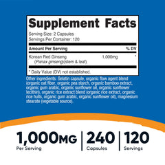Nutricost Korean Ginseng 1000mg capsules closeup highlighting easy daily dosing
