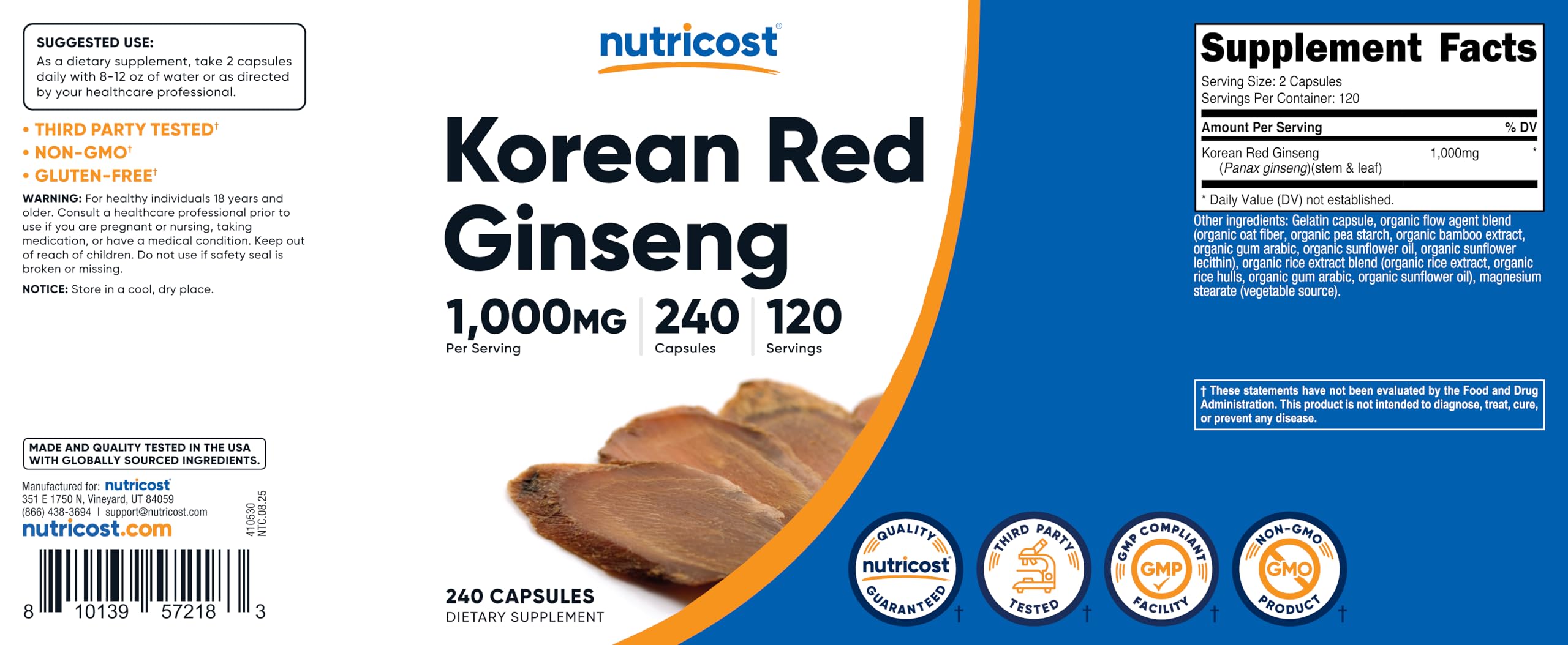 Nutricost Korean Ginseng NSF certified manufacturing underscores trusted production standards