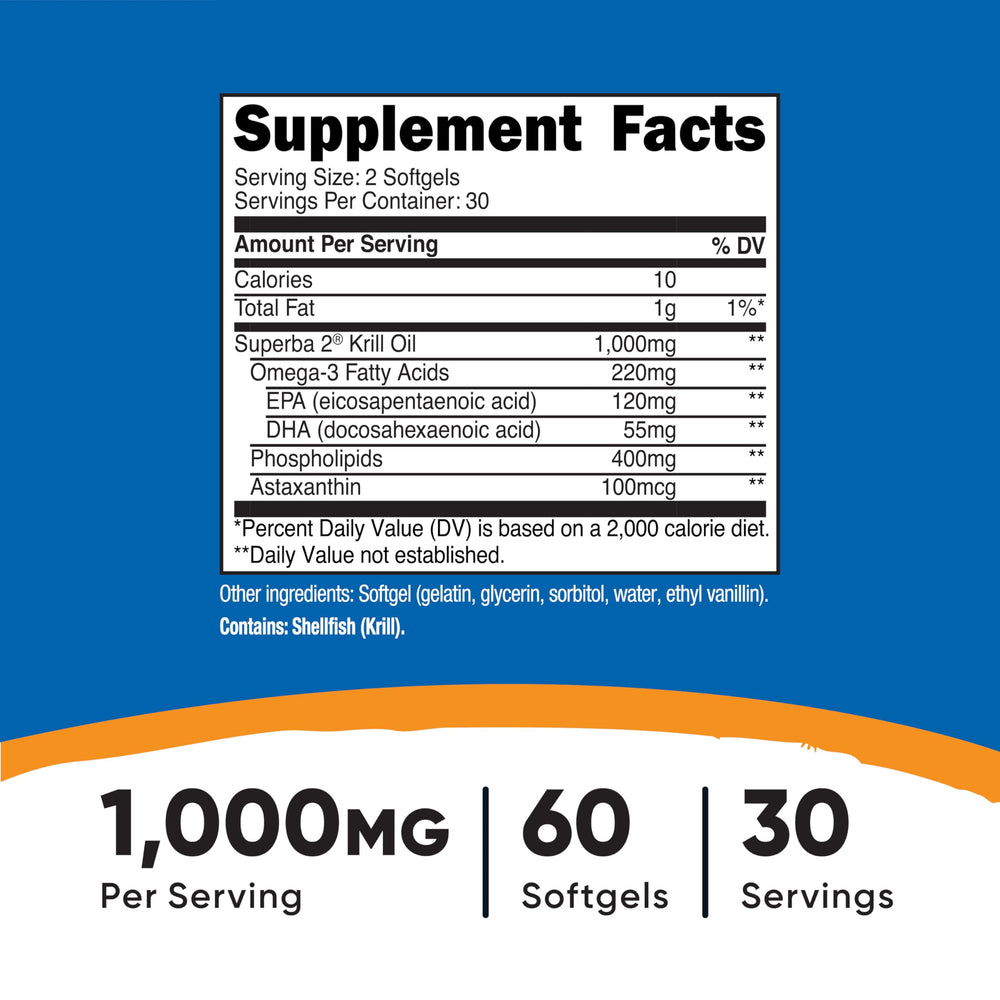 Nutricost Krill Oil softgels close-up for easy daily use.