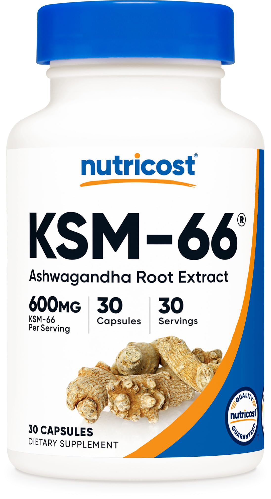 Nutricost KSM-66 Ashwagandha bottle front for calm daily balance.