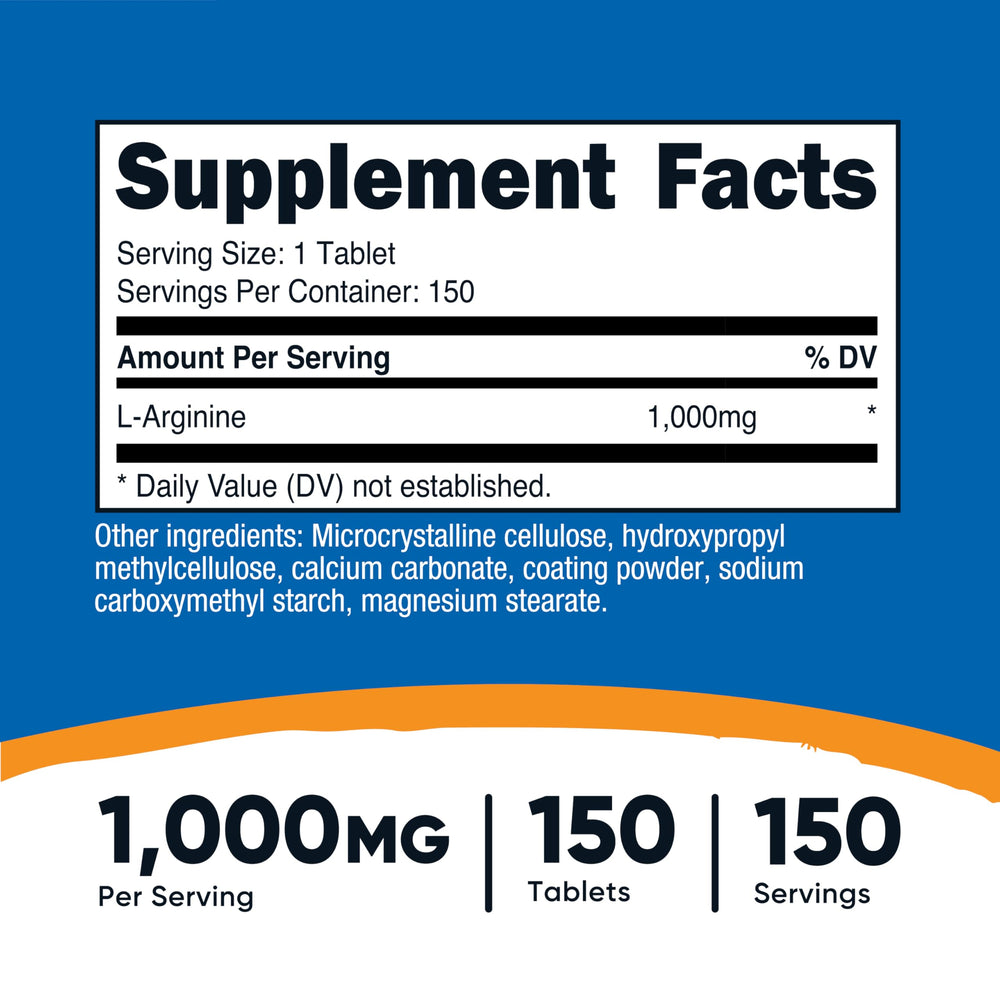 Nutricost L-Arginine 1000mg bottle back, showing quality and GMP-compliant production
