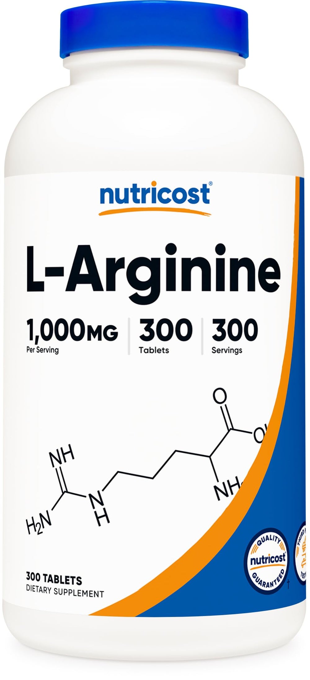 Nutricost L-Arginine 1000mg tablets bottle on shelf for easy daily use