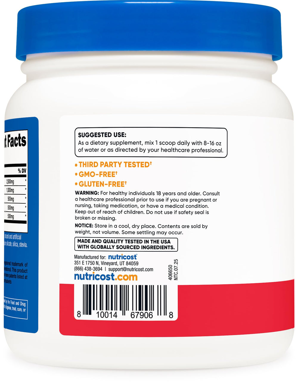 Nutricost L-Arginine Complex blue raspberry bottle highlighting quality