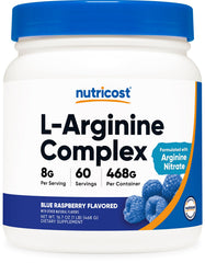 Nutricost L-Arginine Complex blue raspberry bottle ready for pre-workout use