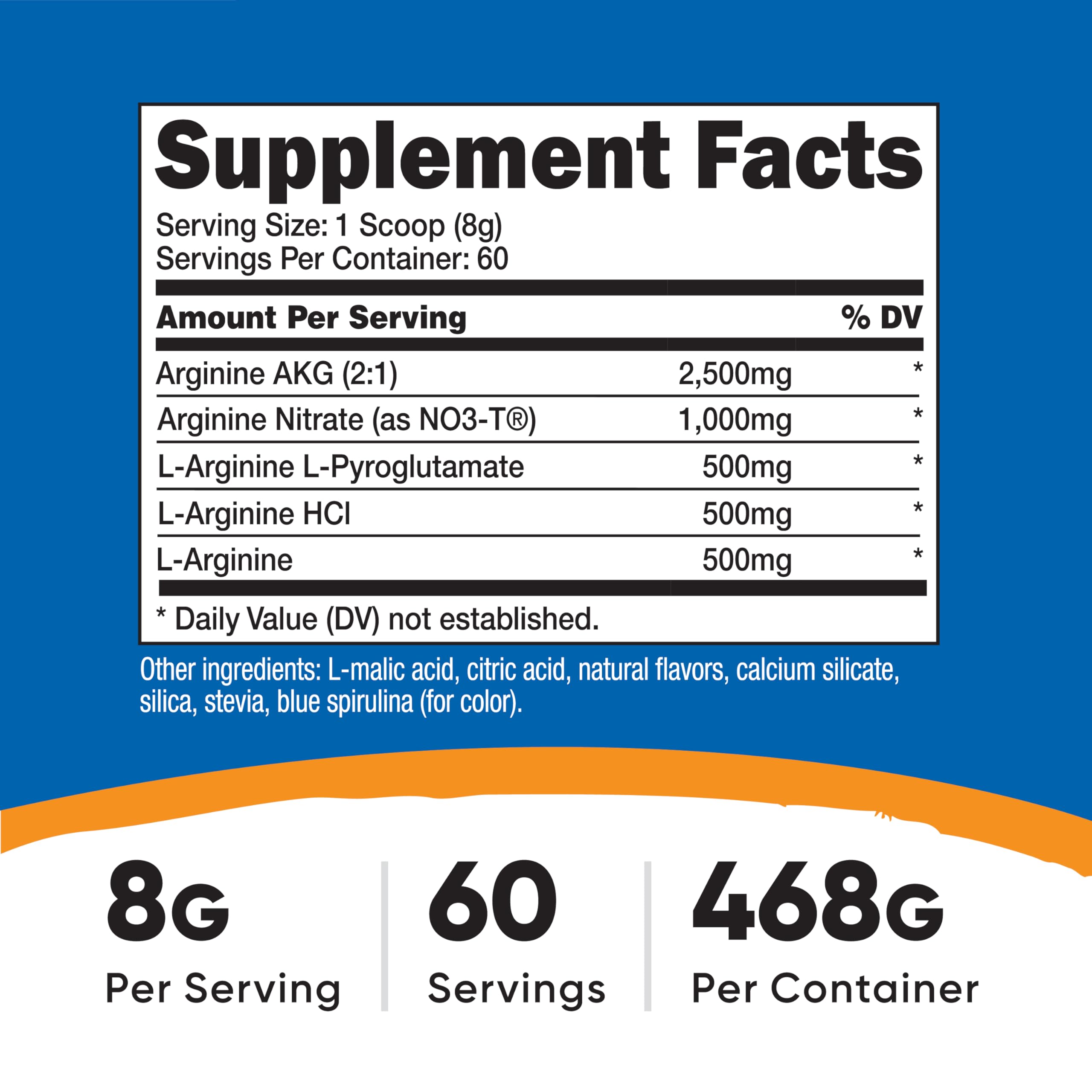 Blue raspberry tub open shows Nutricost L-Arginine Complex packaging