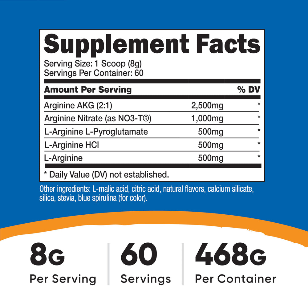 Blue raspberry tub open shows Nutricost L-Arginine Complex packaging