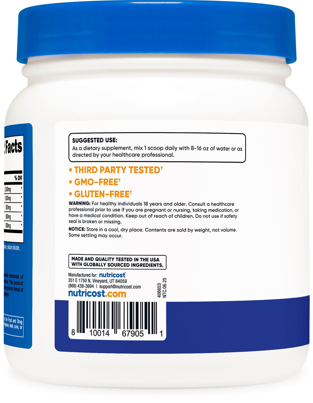Label and facility testing visuals emphasize Nutricost quality