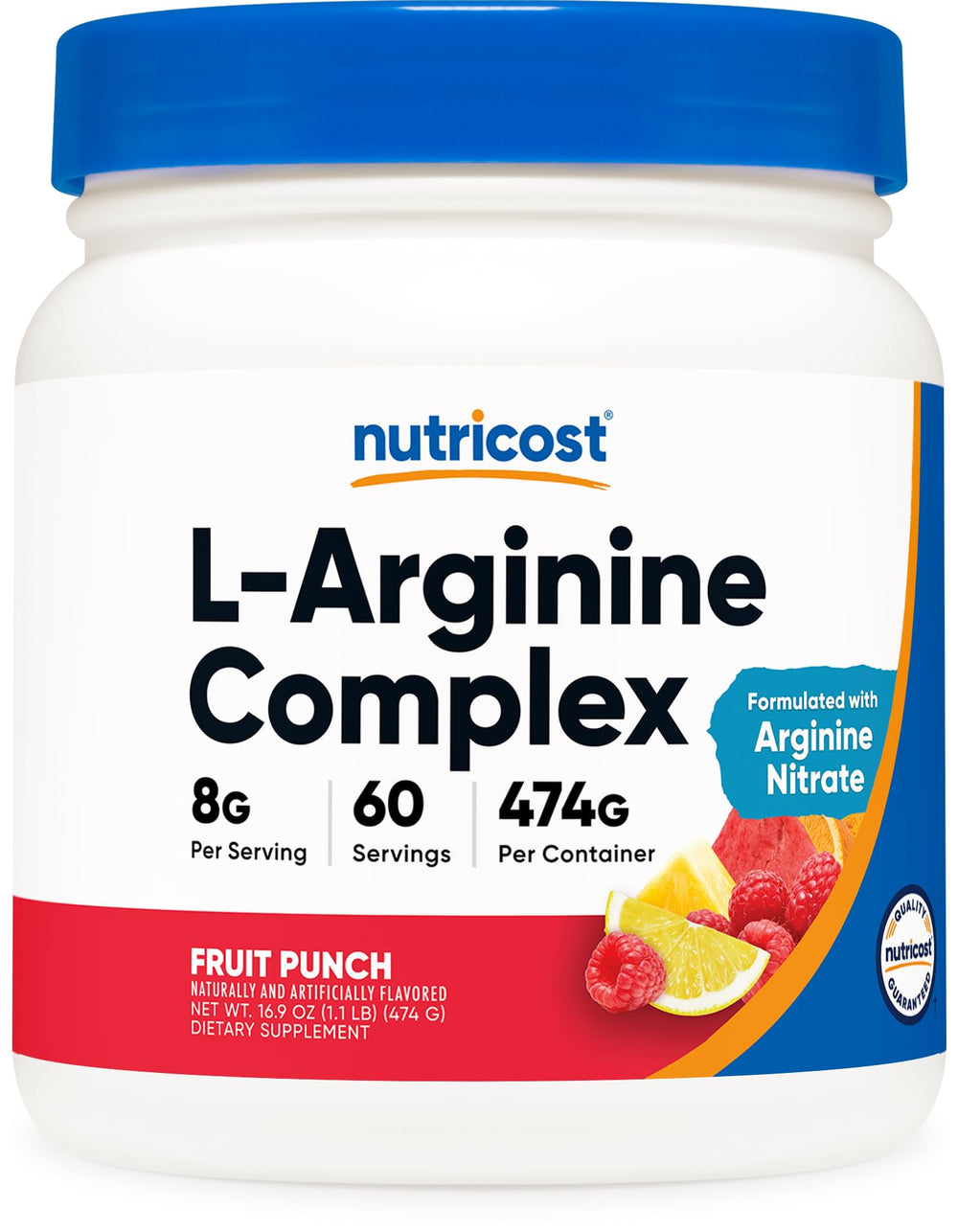 Nutricost L-Arginine Complex fruit punch bottle for pre-workout routines