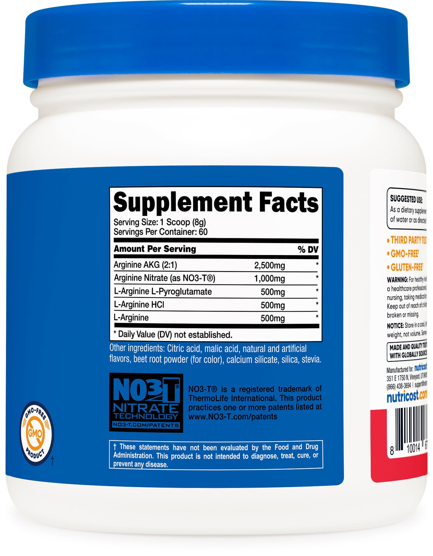 Nutricost L-Arginine Complex ingredients panel shows third-party testing