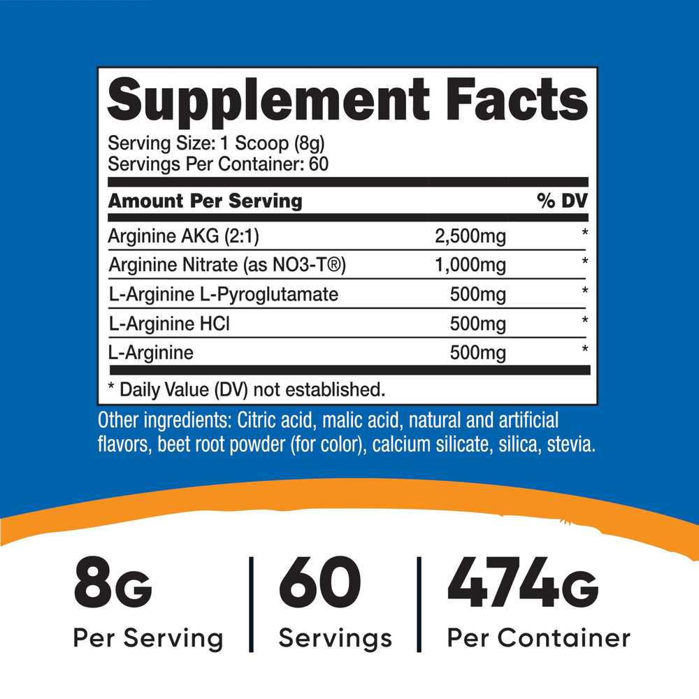 Nutricost L-Arginine Complex fruit punch scoop shows easy 60-serving format