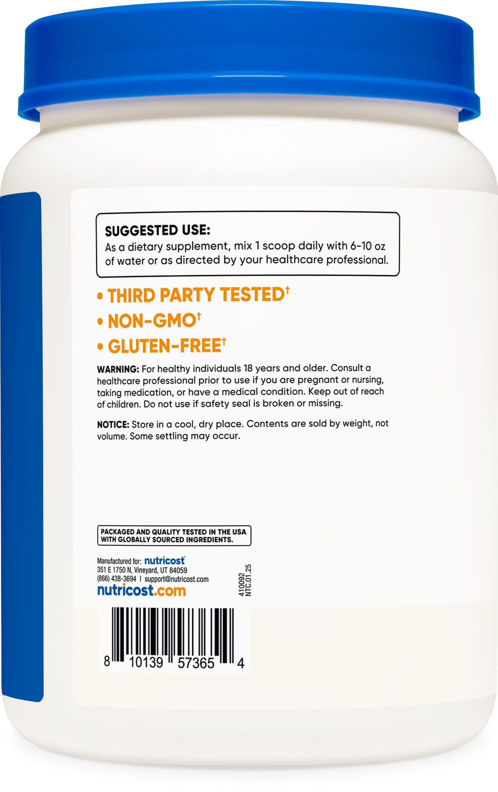 Nutricost L-Arginine powder container closeup, 1kg bottle supports long term use.