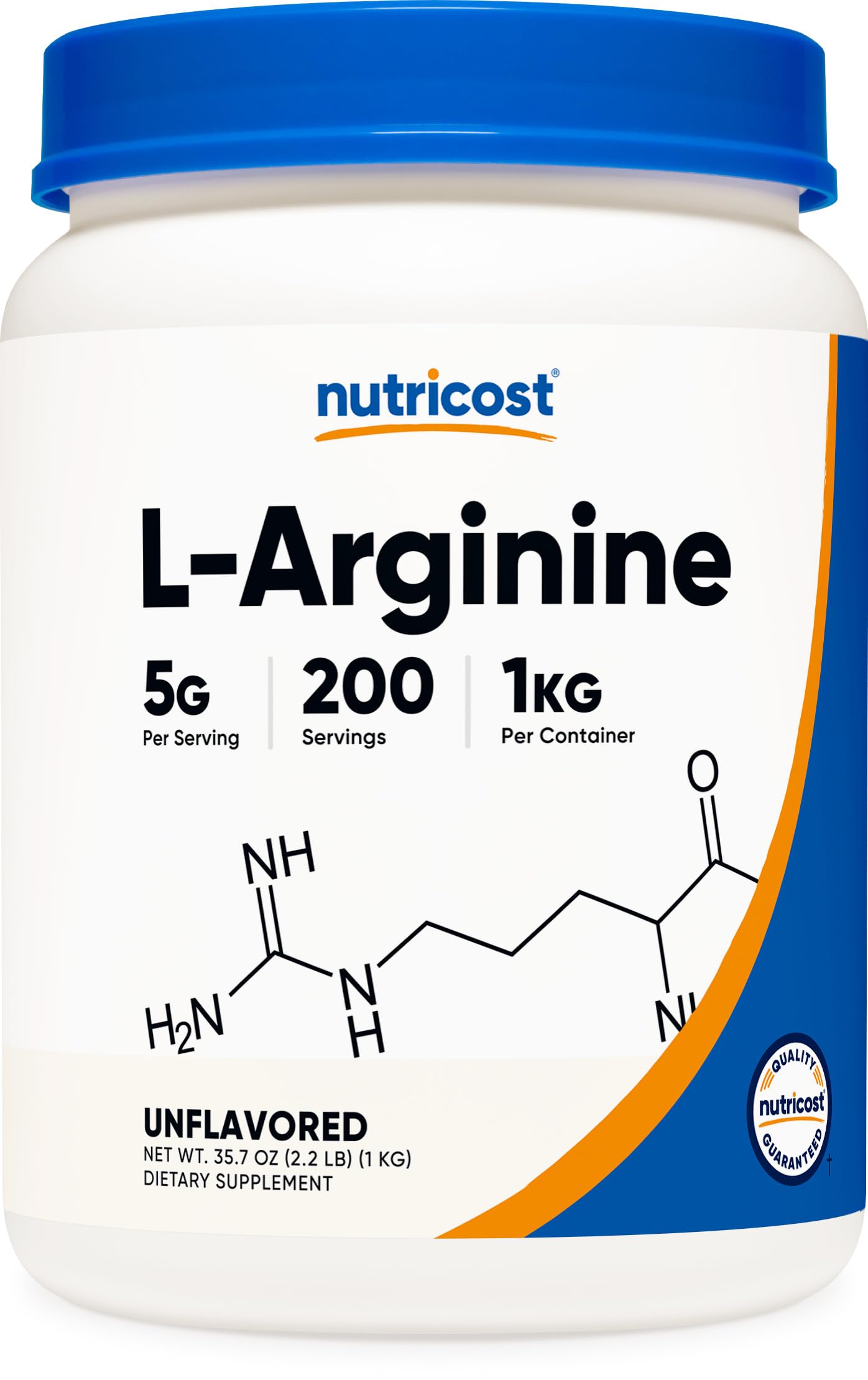 Nutricost L-Arginine powder label front, high purity formula for daily amino acid support.