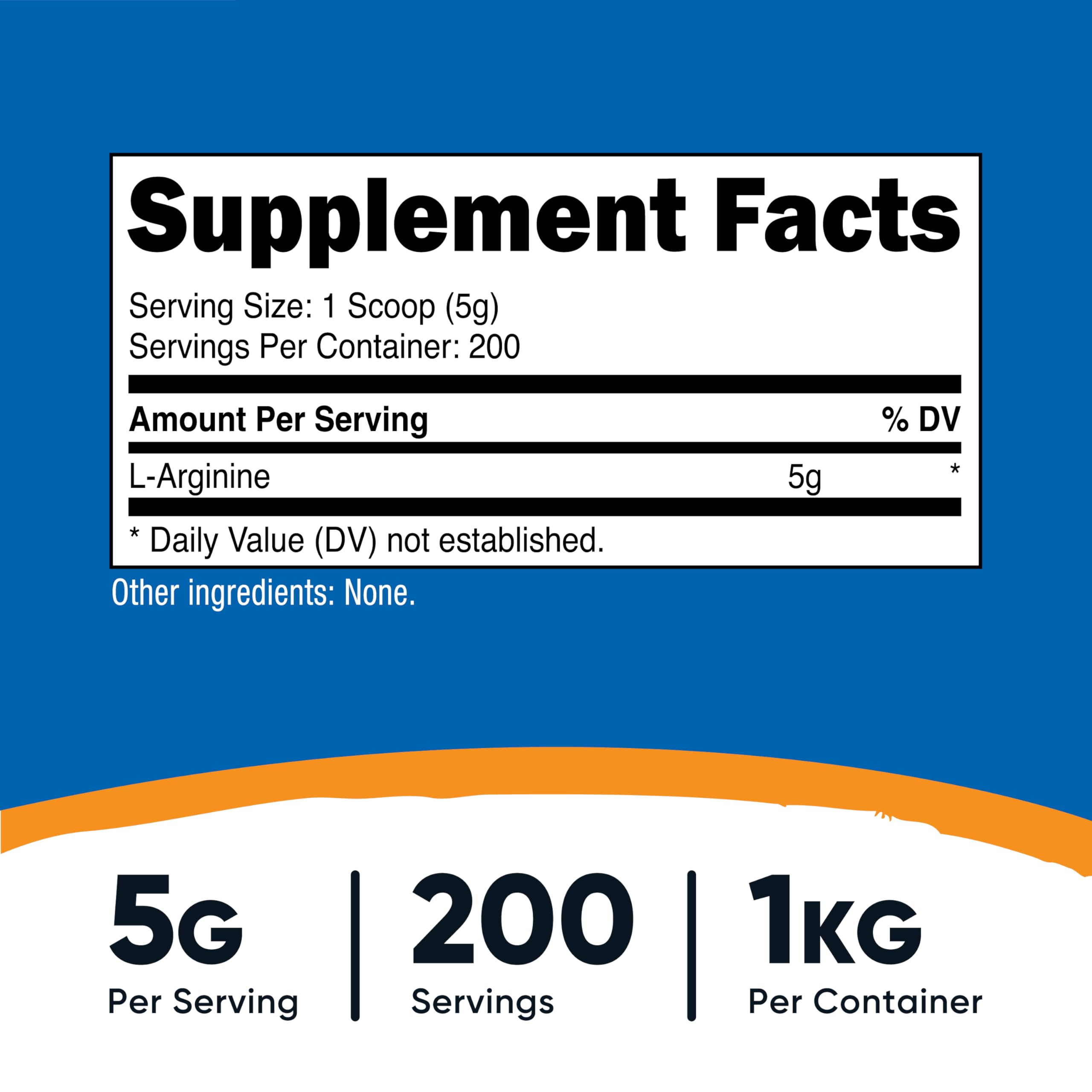 Nutricost L-Arginine powder scoop serving, convenient 5 g portions for workouts.