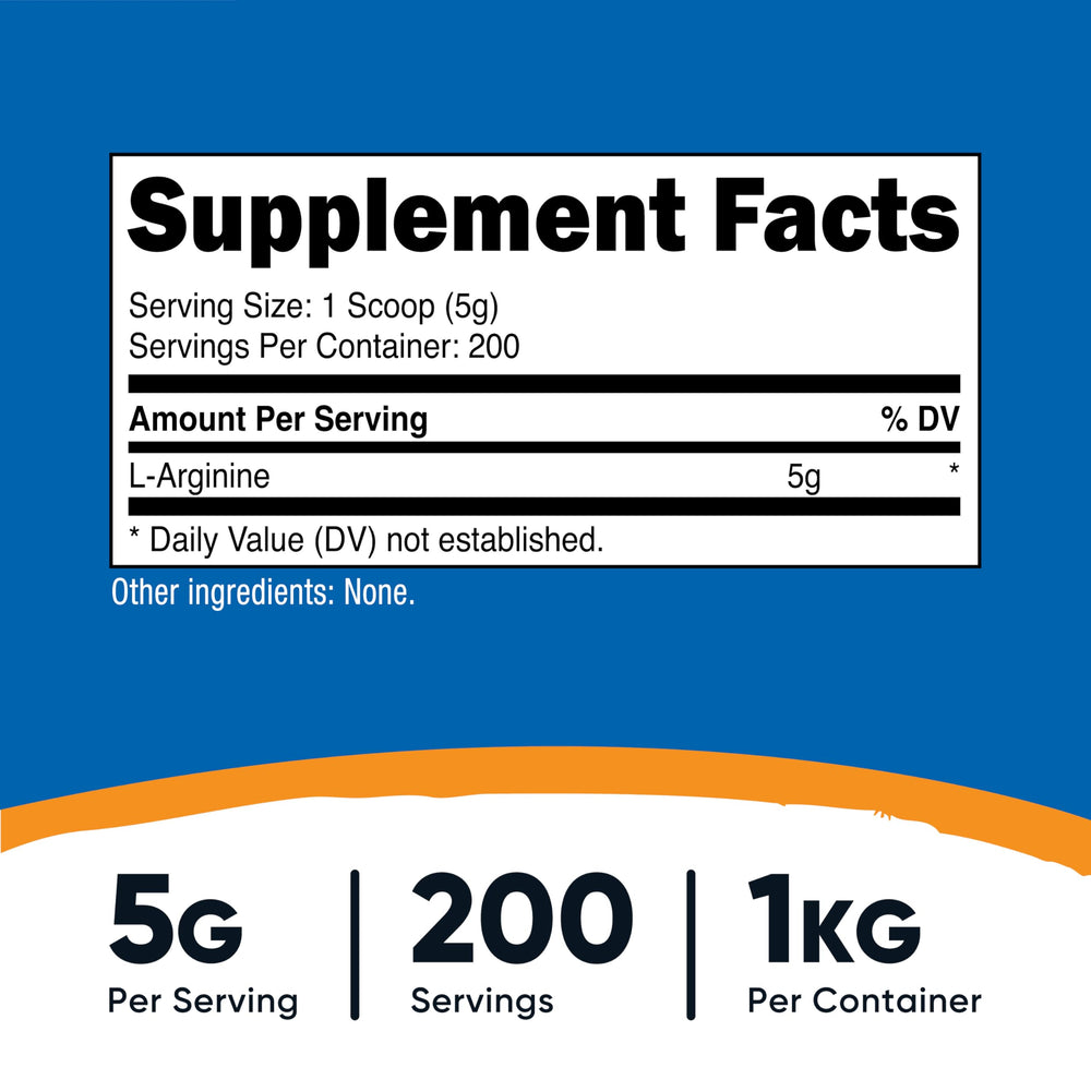Nutricost L-Arginine powder scoop serving, convenient 5 g portions for workouts.