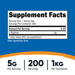 Nutricost L-Arginine powder scoop serving, convenient 5 g portions for workouts.