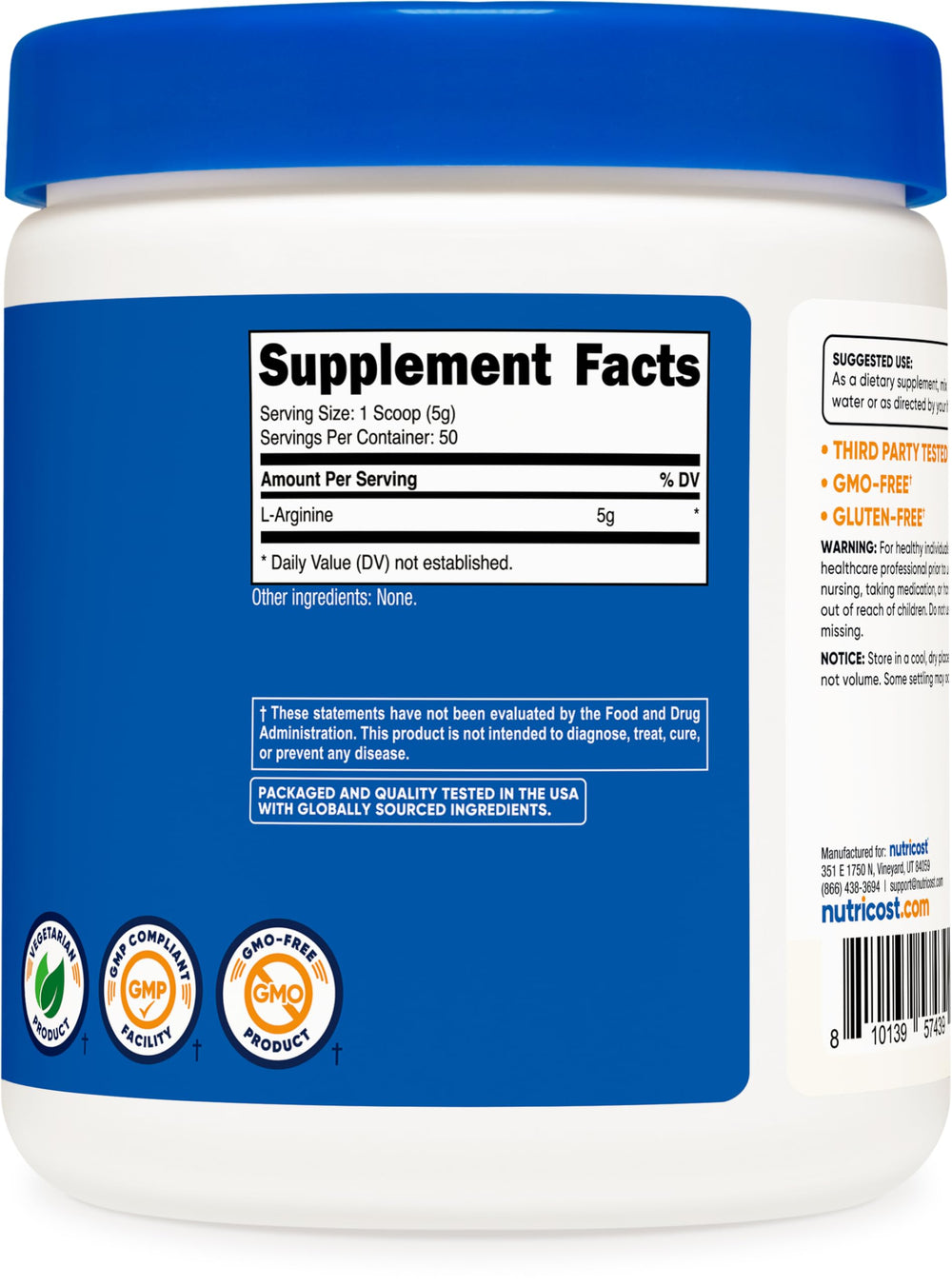 Gluten-free and non-GMO badge on Nutricost L-Arginine packaging.