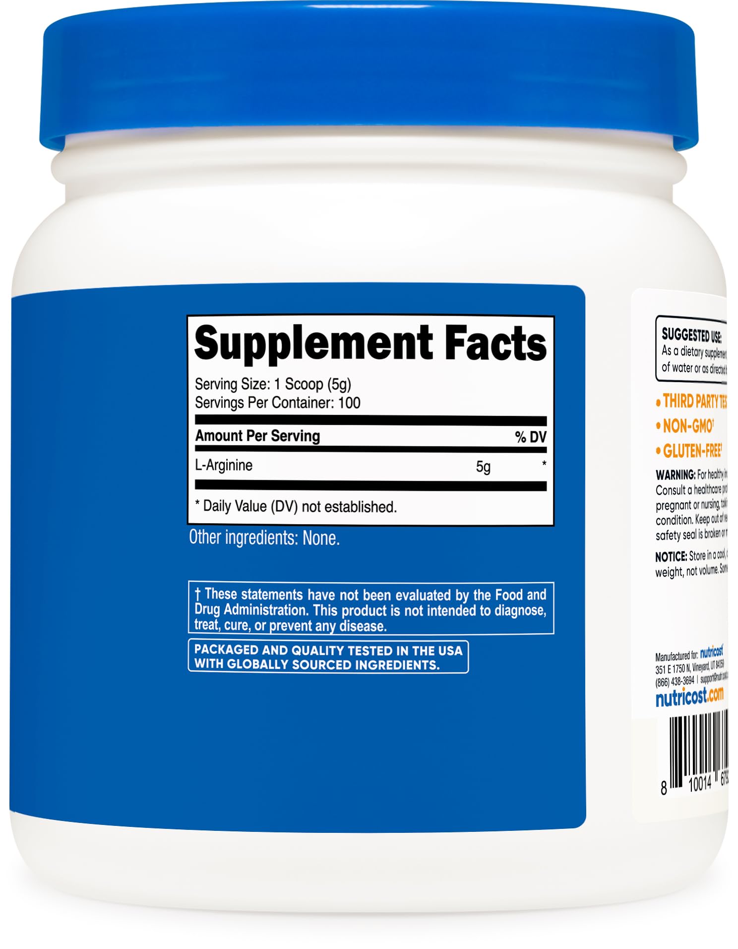 Nutricost L-Arginine powder label shows quality and certifications.