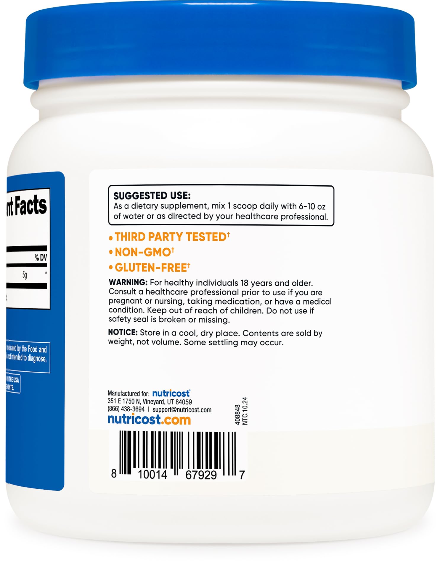 Nutricost L-Arginine powder poured into a glass for mixing.