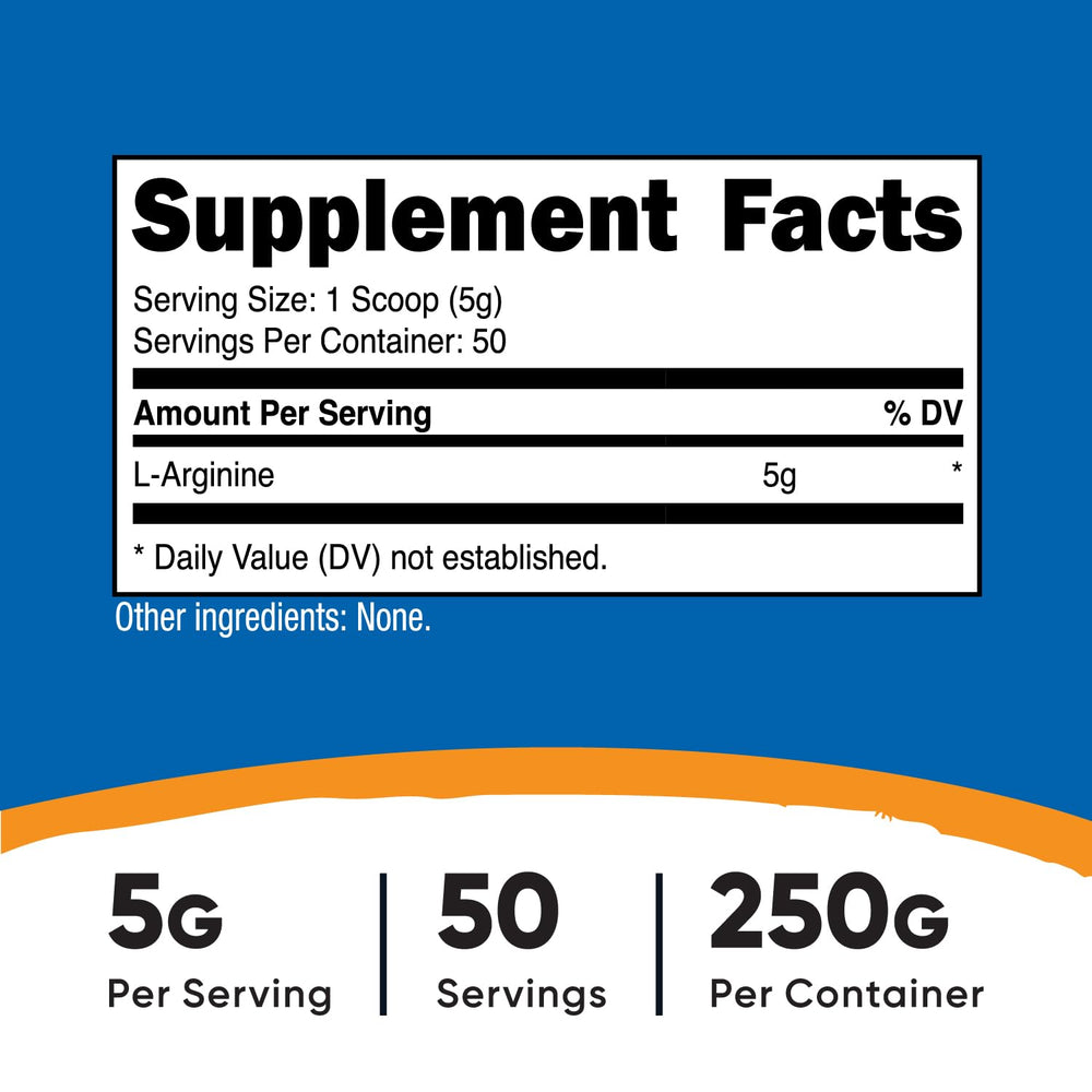 Nutricost L-Arginine powder scoop shows a convenient 5000 mg serving.