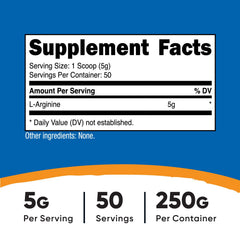Nutricost L-Arginine powder scoop shows a convenient 5000 mg serving.