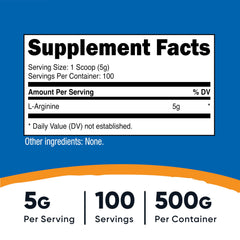 Nutricost L-Arginine powder scoop beside jar for precise servings.