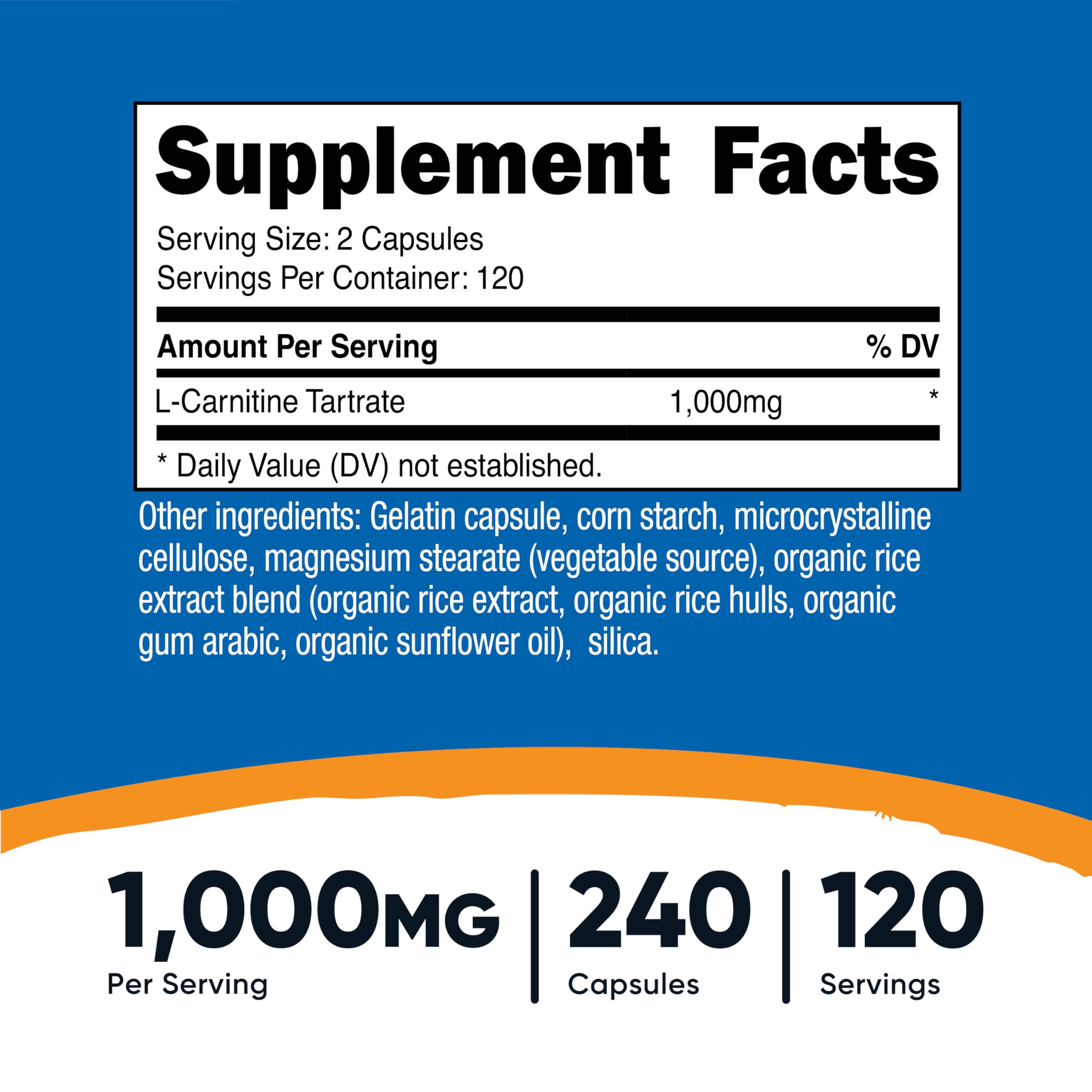 Nutricost L-Carnitine Tartrate bottle back detailing quality standards and ingredients