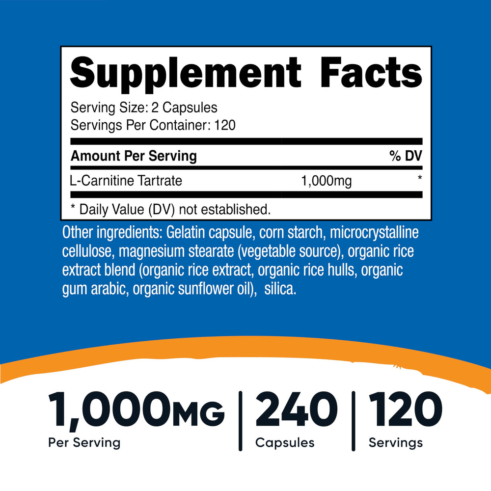 Nutricost L-Carnitine Tartrate bottle back detailing quality standards and ingredients
