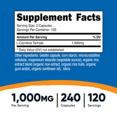 Nutricost L-Carnitine Tartrate bottle back detailing quality standards and ingredients