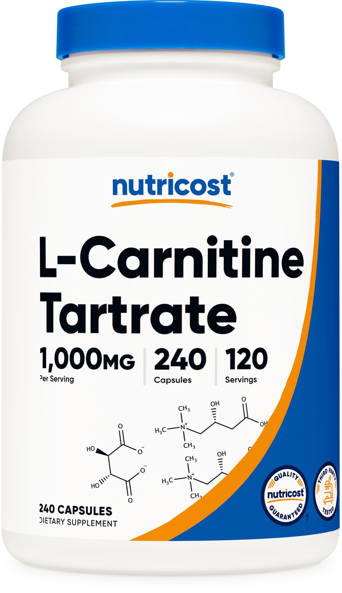 Nutricost L-Carnitine Tartrate bottle front showing 1,000 mg per serving for daily use