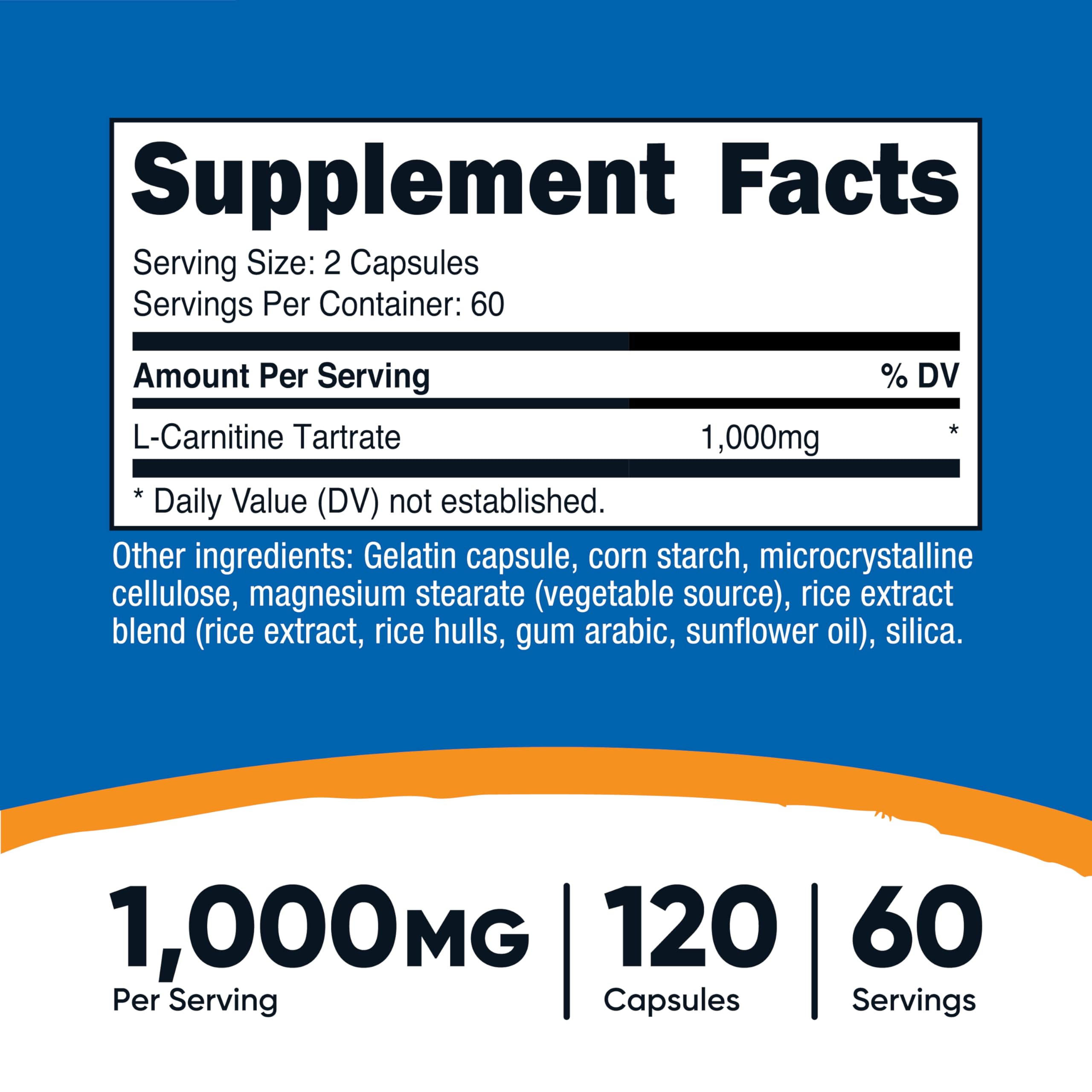 Nutricost L-Carnitine Tartrate bottle label closeup highlighting non-GMO and gluten-free ingredients.
