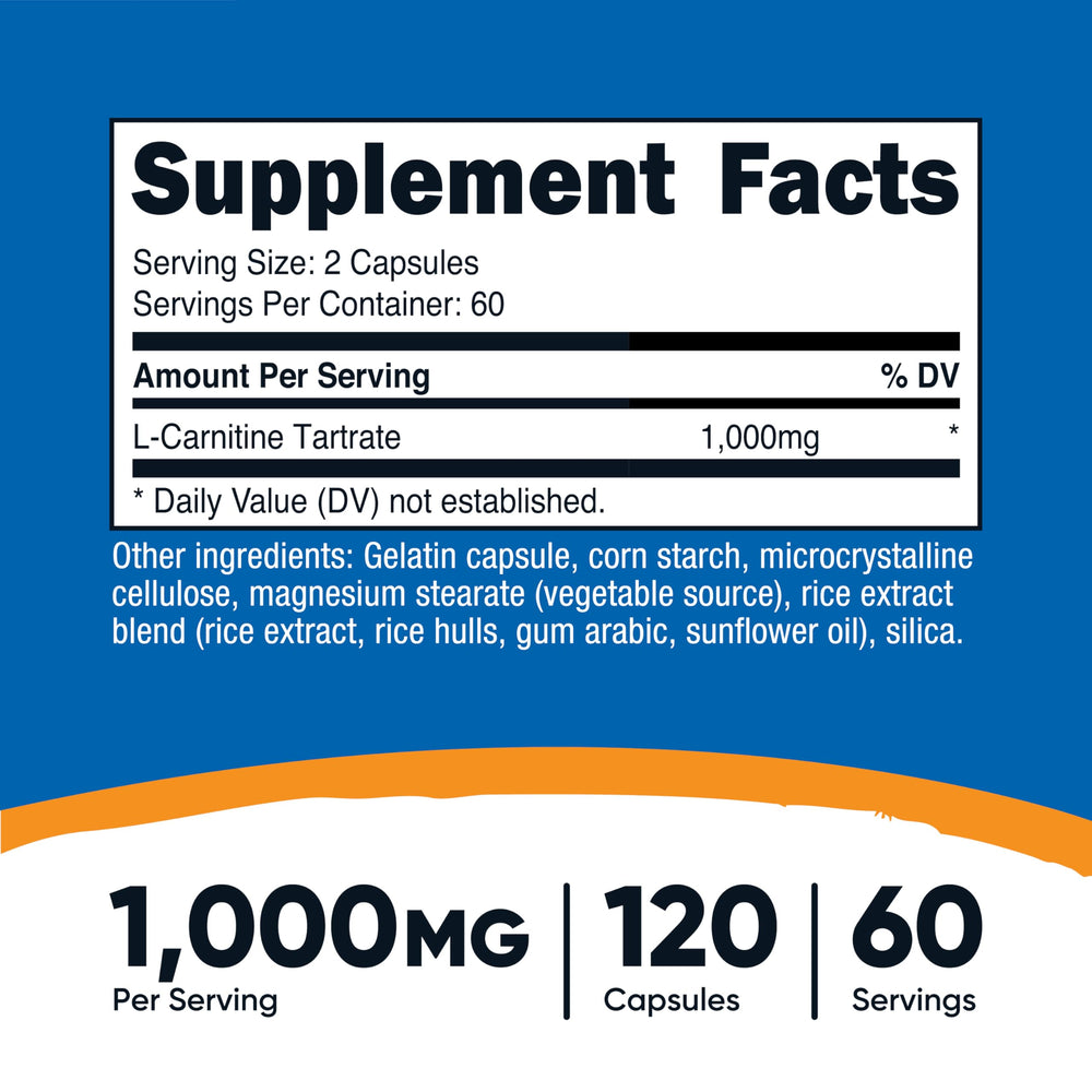 Nutricost L-Carnitine Tartrate bottle label closeup highlighting non-GMO and gluten-free ingredients.