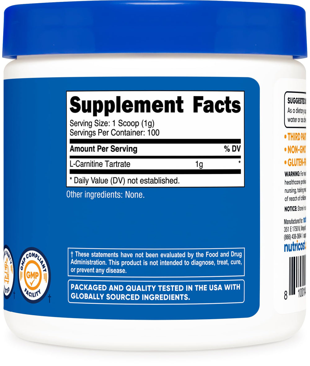 Nutricost L-Carnitine Tartrate bottle on shelf conveys reliable daily supplement.
