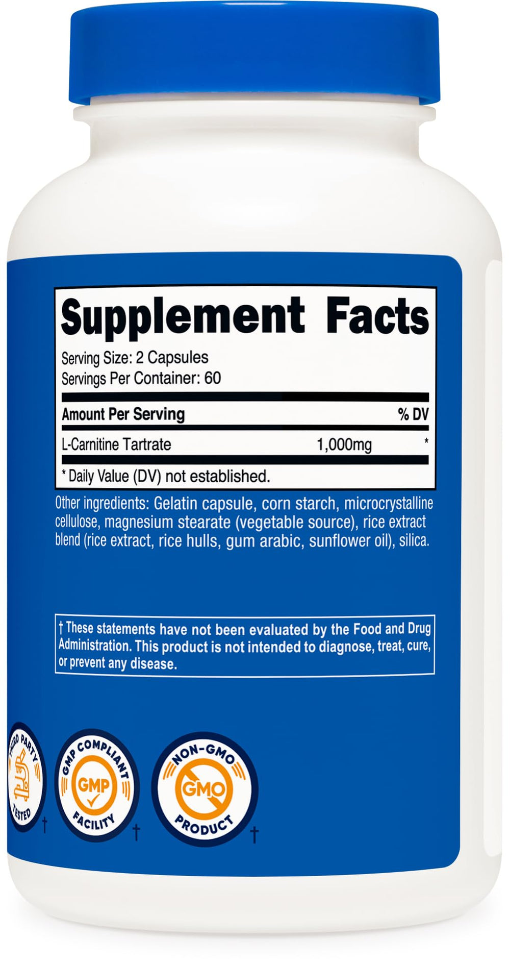 Nutricost L-Carnitine Tartrate box packaging with clean design and third-party tested seal.