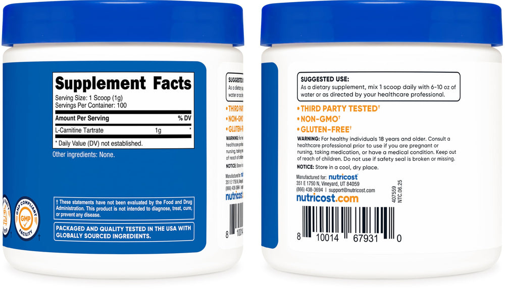 Nutricost L-Carnitine Tartrate close-up powder shows fine texture.