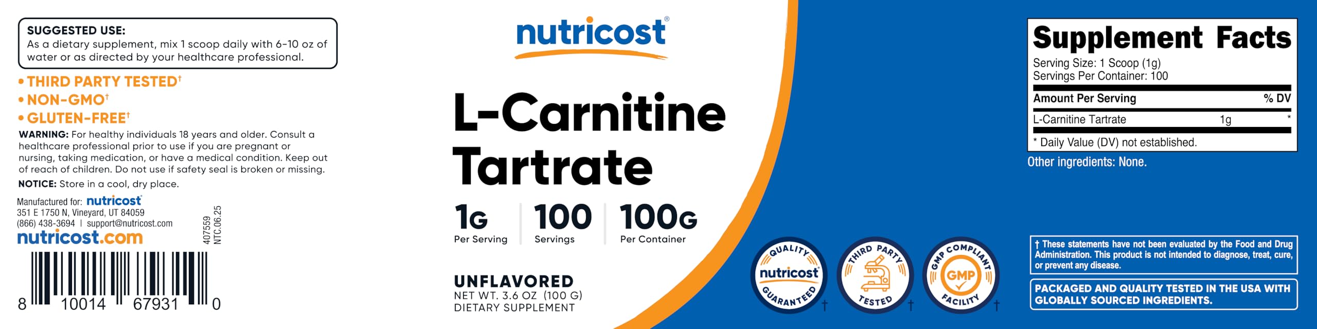 Nutricost L-Carnitine Tartrate badge highlights NSF GMP FDA registered facility.