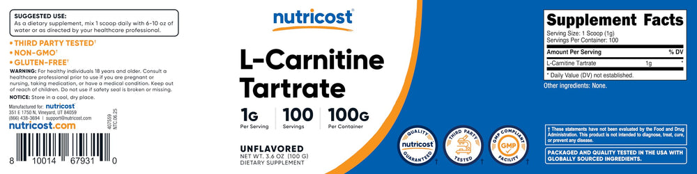 Nutricost L-Carnitine Tartrate badge highlights NSF GMP FDA registered facility.