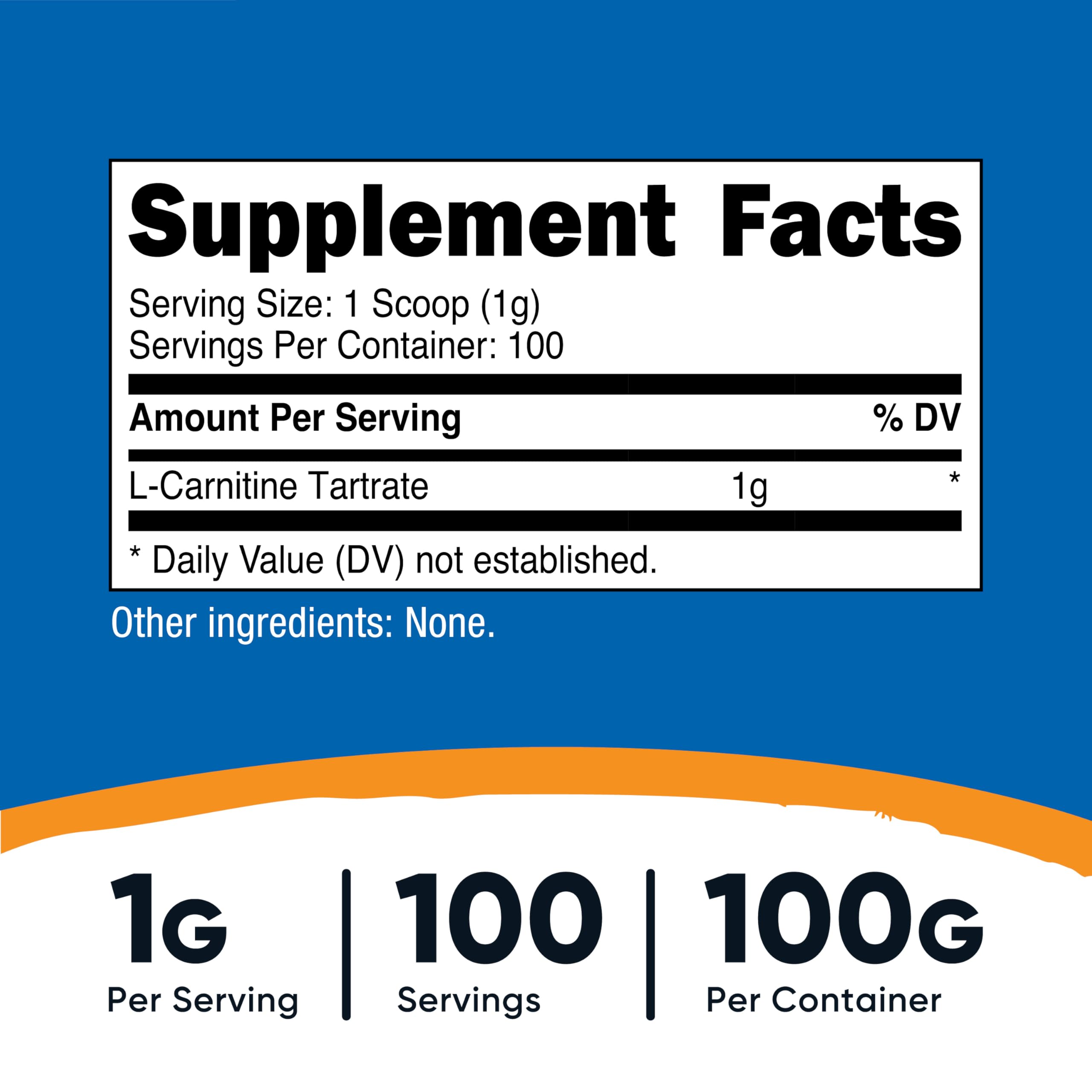 Nutricost L-Carnitine Tartrate serving scoop highlights precise 1 gram servings.