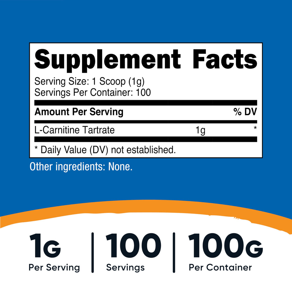 Nutricost L-Carnitine Tartrate serving scoop highlights precise 1 gram servings.