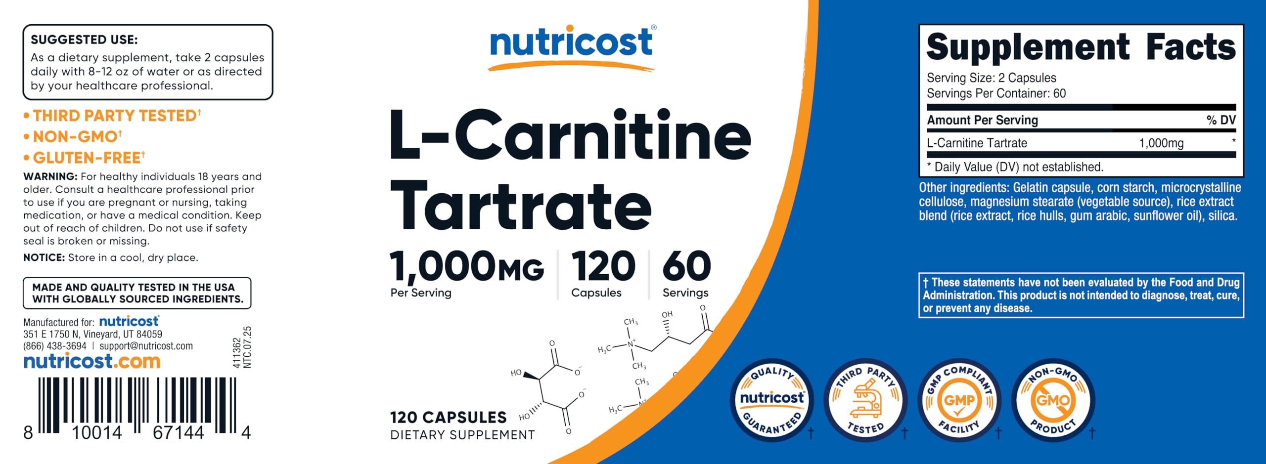 Nutricost L-Carnitine Tartrate serving size image illustrating 60 servings per bottle.