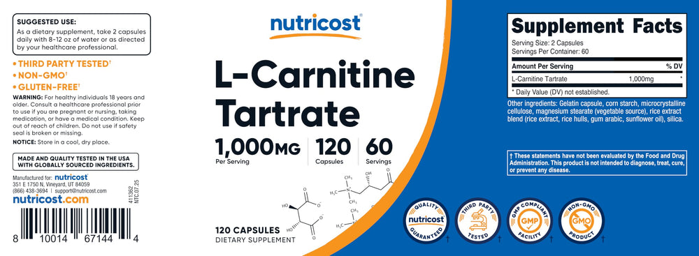Nutricost L-Carnitine Tartrate serving size image illustrating 60 servings per bottle.