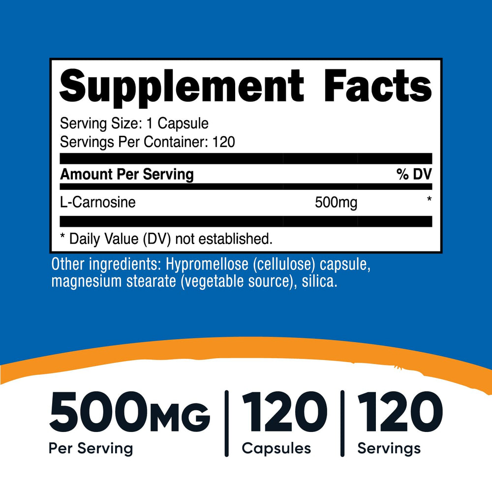 Nutricost L-Carnosine 500mg capsules close-up in plant-based formulation.