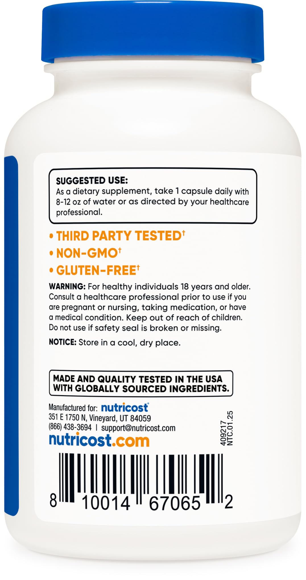 Nutricost L-Carnosine 500mg bottle with serving reminder—one capsule per serving.