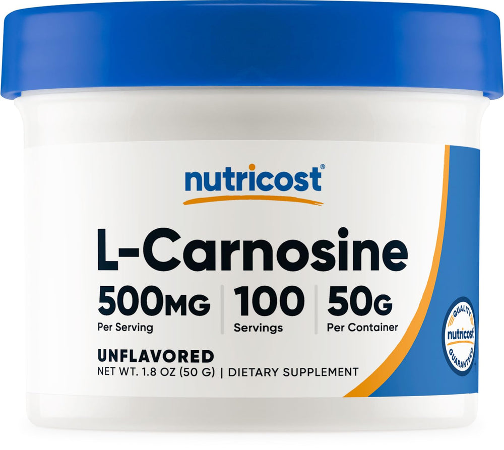 Nutricost L-Carnosine powder bottle for daily supplement routines with 500 mg servings.