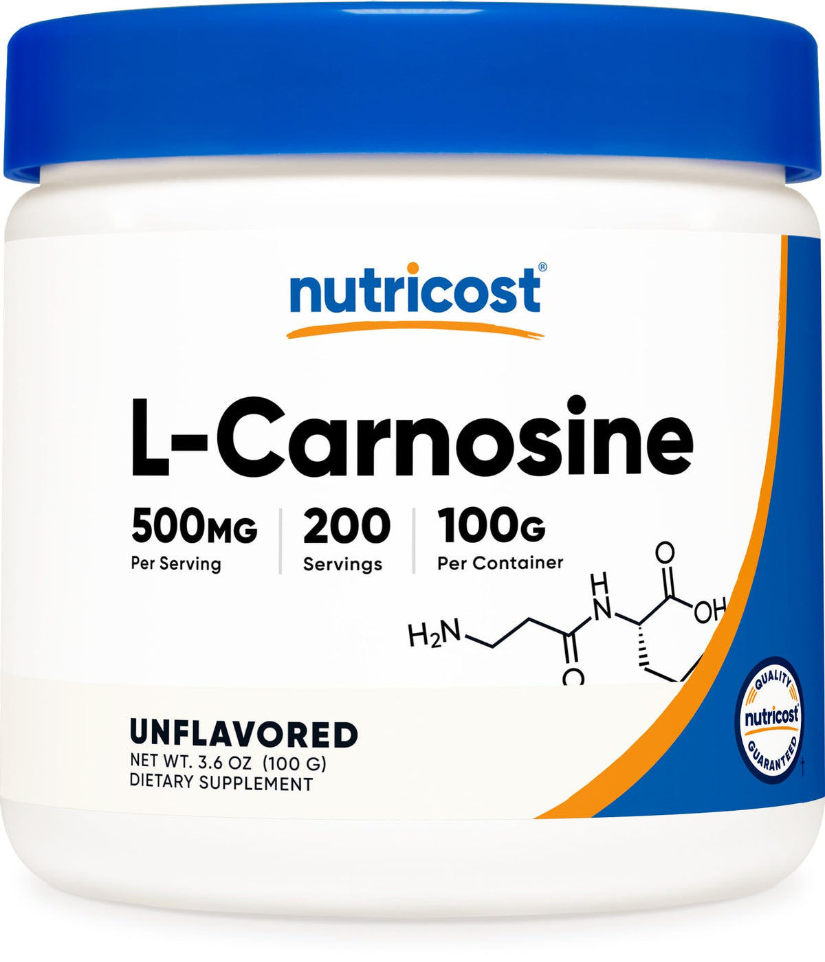 Nutricost L-Carnosine powder jar closeup, handy for daily use