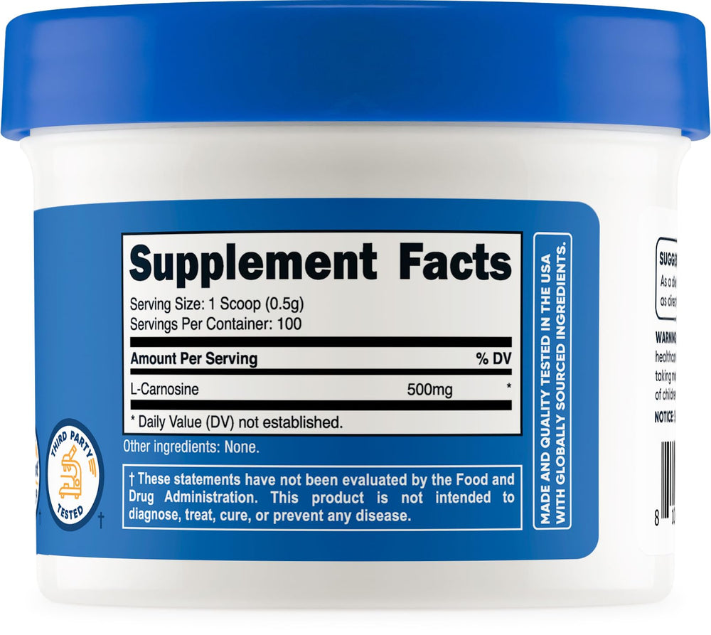 Nutricost L-Carnosine powder label close-up shows quality features.